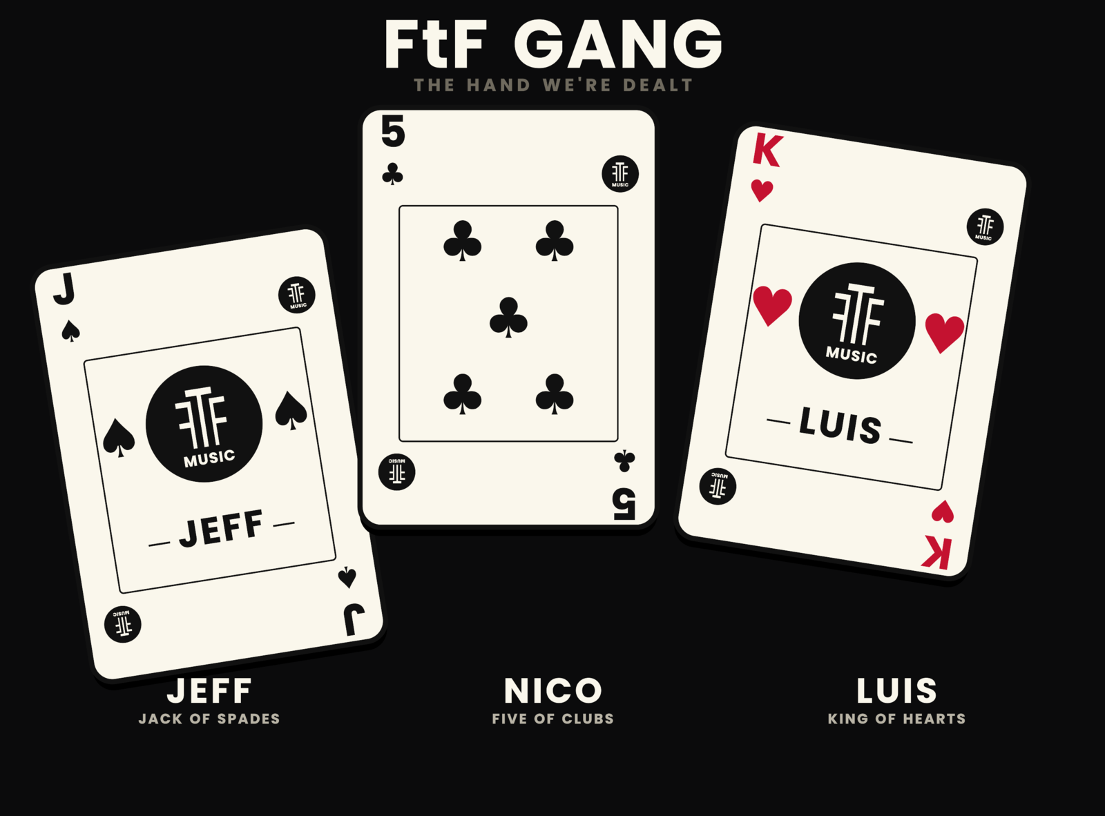 FtF Gang — The Hand We're Dealt: Jeff (Jack of Spades), Nico (Five of Clubs), Luis (King of Hearts)